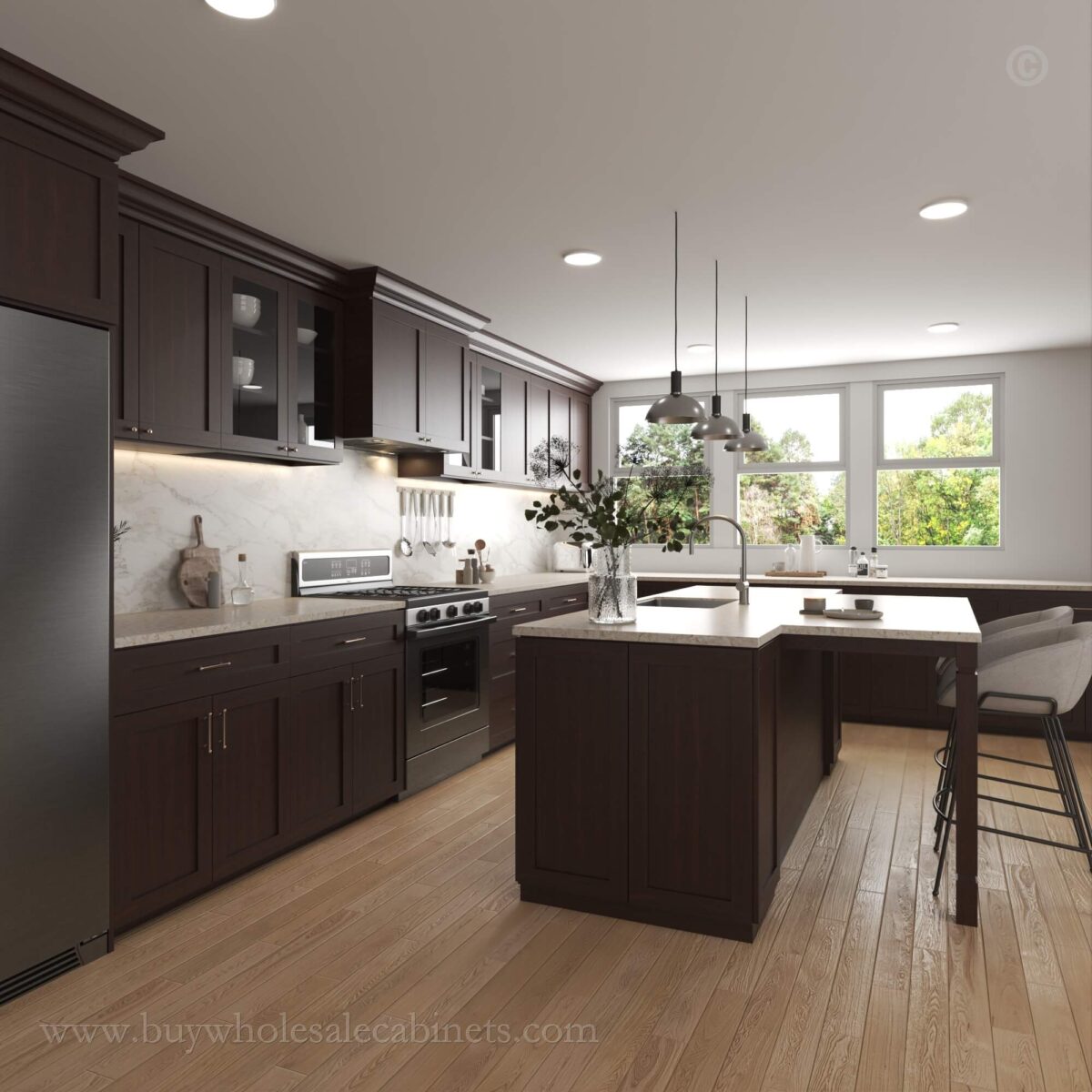 Espresso Shaker kitchen cabinets and matching island with light countertops