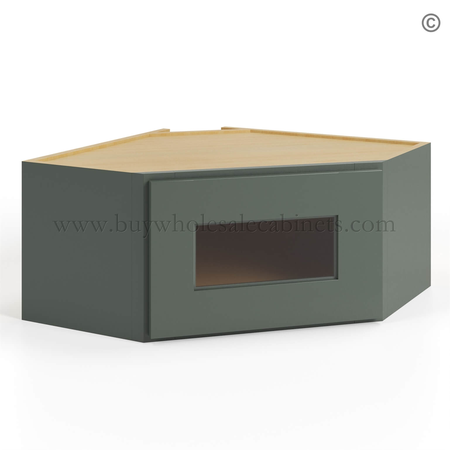 Green Shaker 12x 24 Diagonal Corner Wall Shelf with Glass Door, rta cabinets