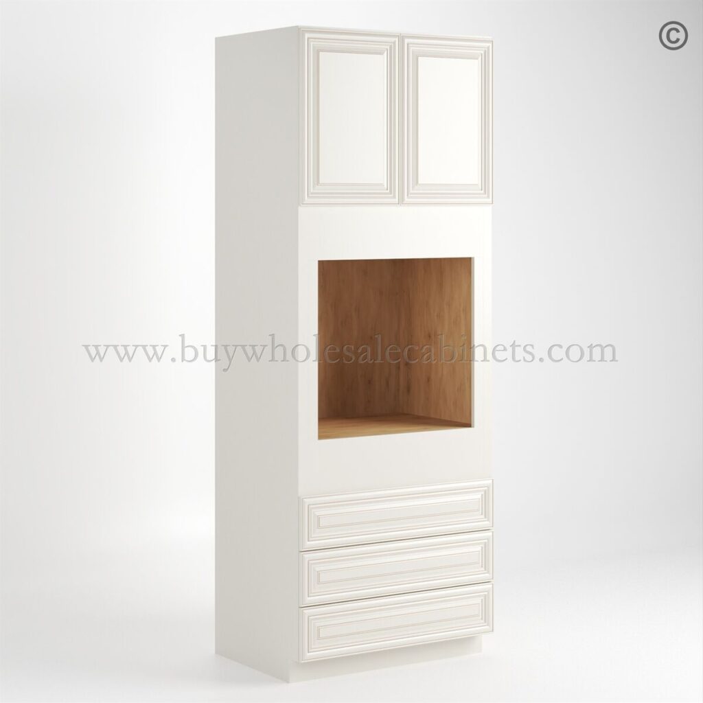 Charleston White Raised Panel 30" W Double Door Oven Pantry Cabinet with Three Drawers