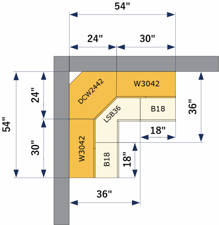 Kitchen layout showing a wider adjacent wall cabinet aligned with the corner base to avoid small cabinet seams.